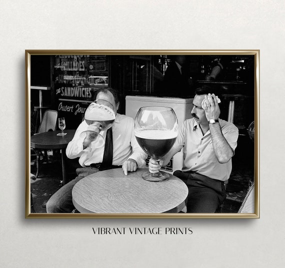 Men Drinking Beer Black and White Vintage Art Print