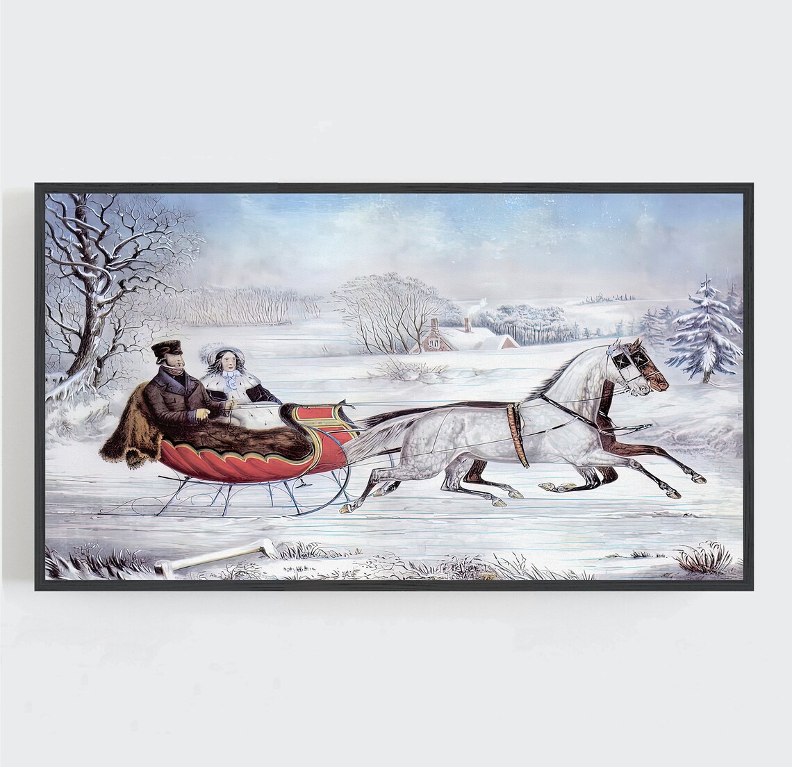 Horse Drawn Sleigh Snowy Winter Scene Vintage Christmas Wall Art