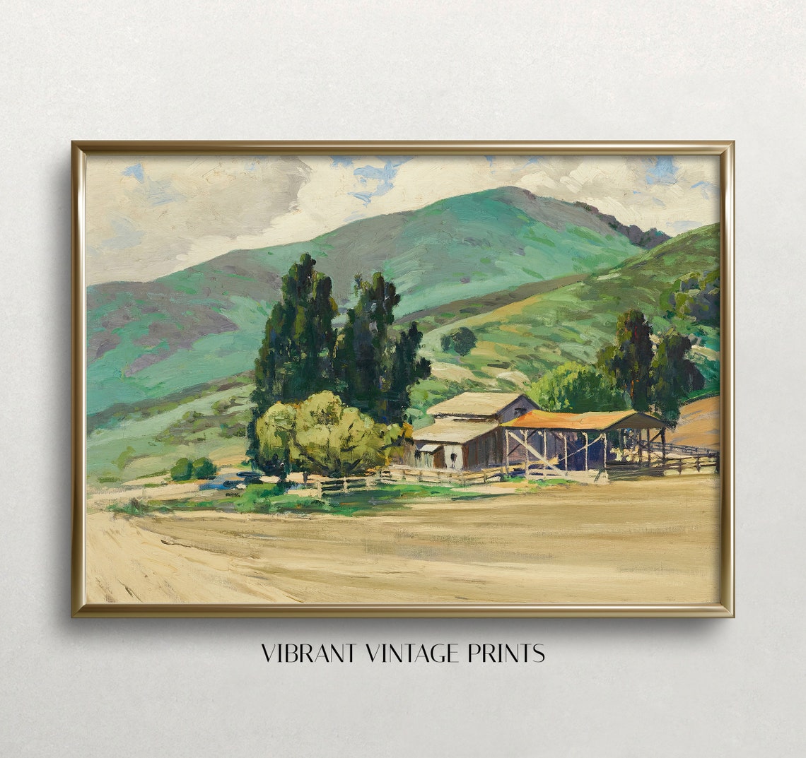 Western Ranch Farm Green Hills Vintage Landscape Country Barn Wall Art
