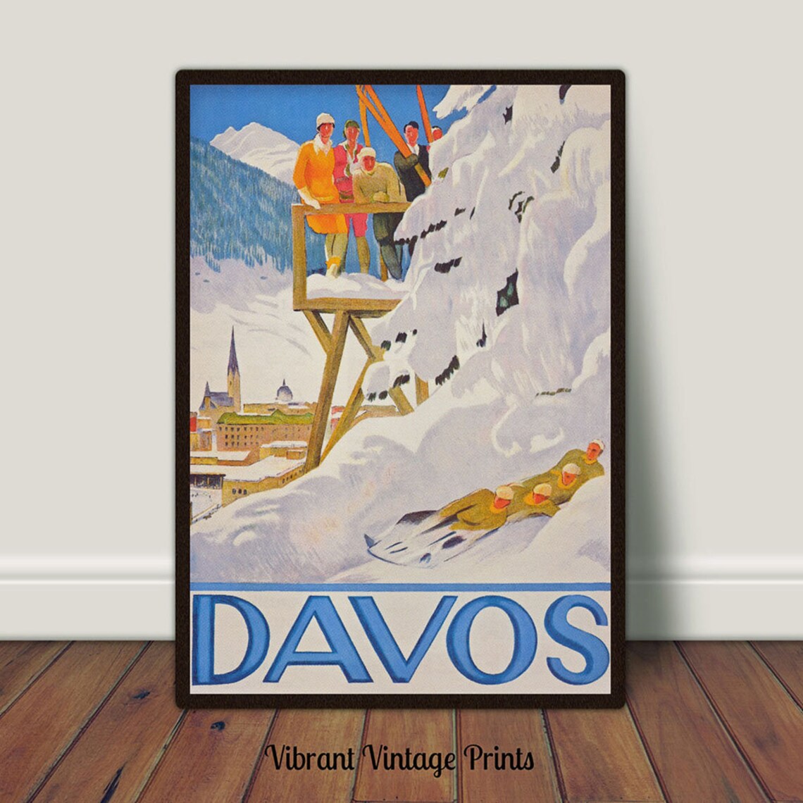 Davos Switzerland Vintage Ski Winter Travel Poster
