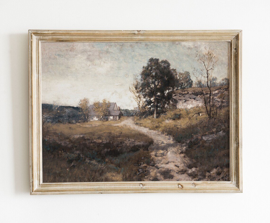 Muted Country Cottage Landscape Vintage Moody Oil Painting Wall Art - Image 2
