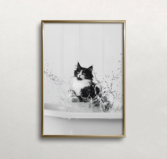 Black And White Tuxedo Cat Splashing In Bathtub Funny Pet Poster