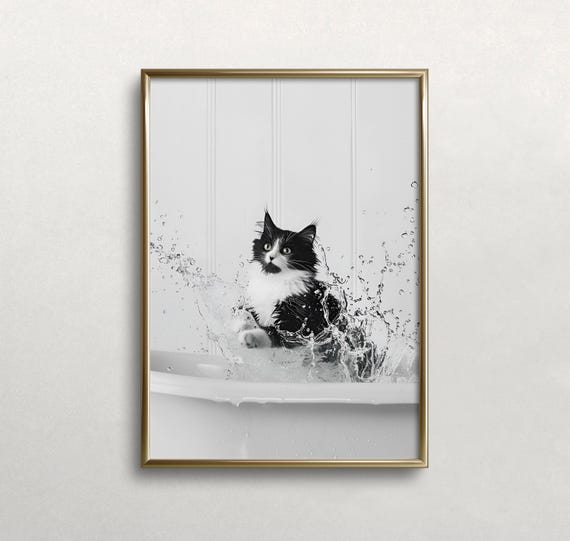 Cat Splashing In Tub Black And White Art Tuxedo Cat Art Funny Wall Art Bathroom Wall Decor Wall Art