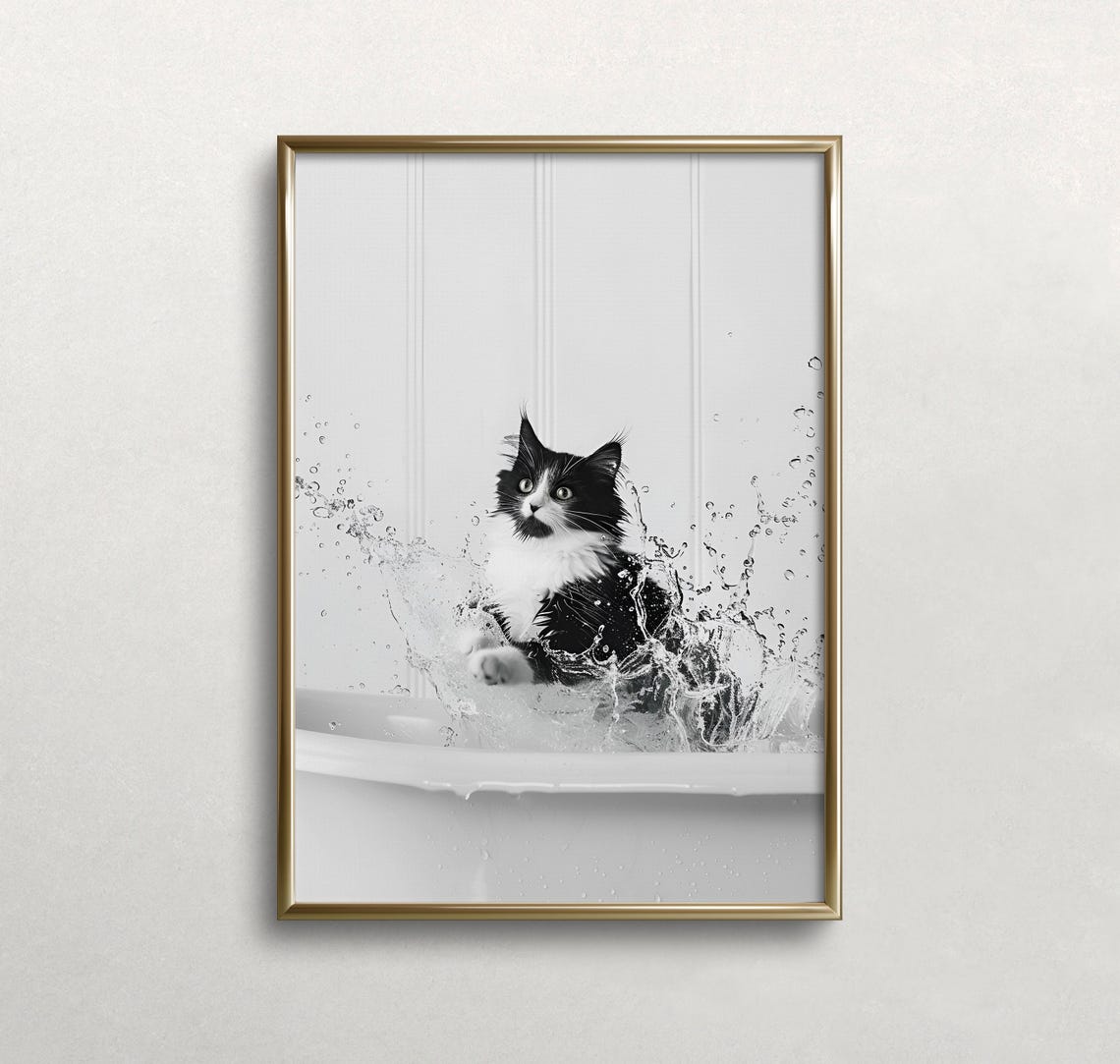 Black And White Tuxedo Cat Splashing In Bathtub Funny Pet Poster