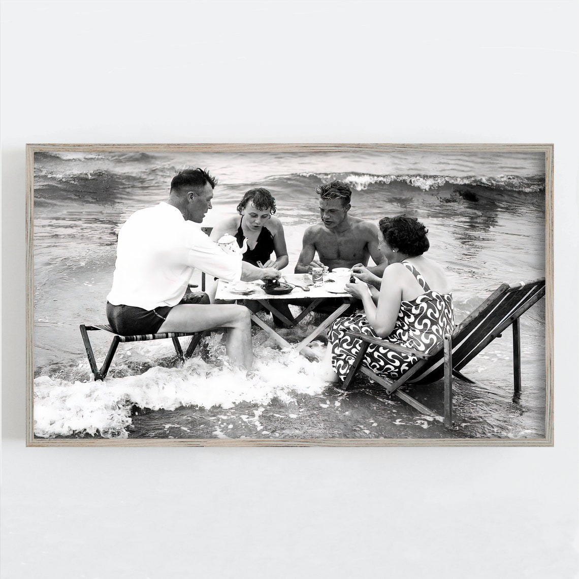 Vintage Black White Beach Tea Party Waves Funny Retro Photo Poster