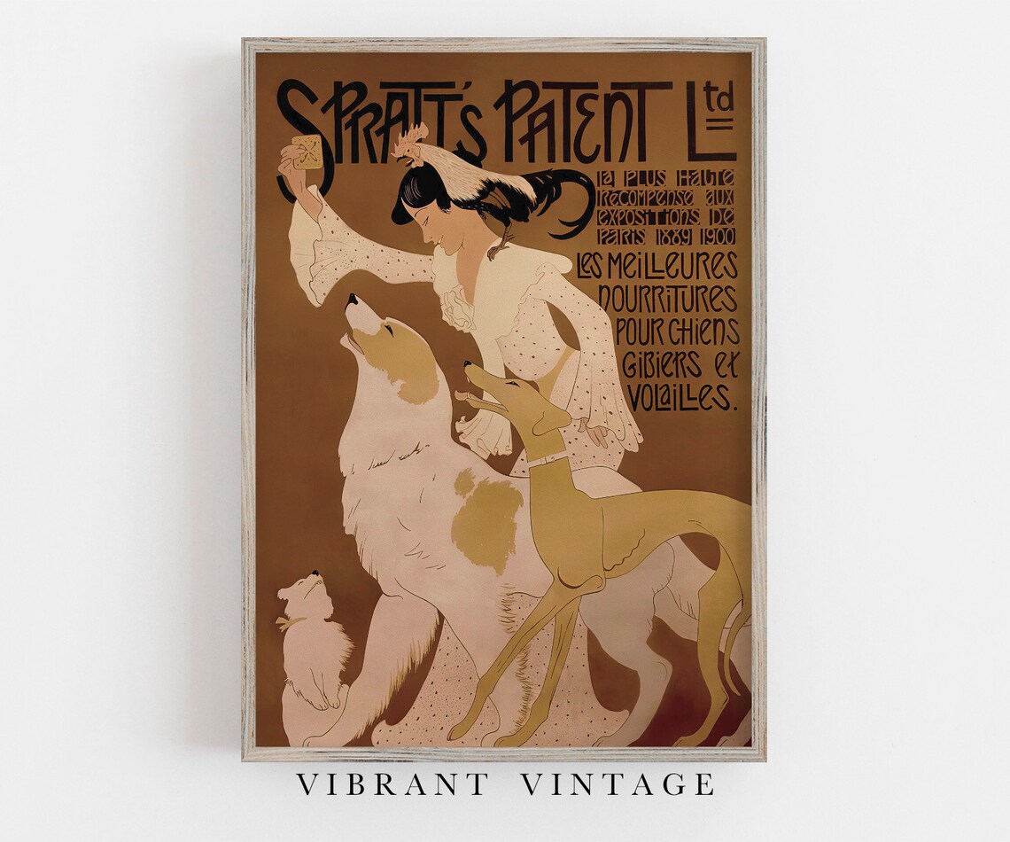 Woman And Dogs Vintage Art Nouveau Wall Print