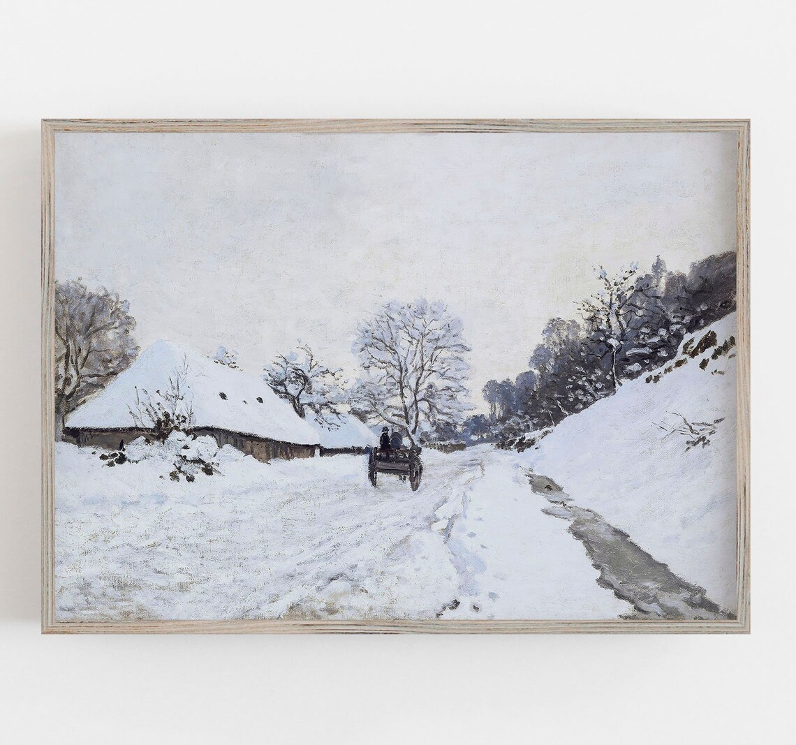 Snowy Country Road Horse Cart Cottage Vintage Winter Landscape Poster