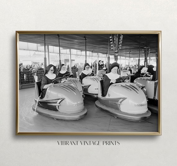 Nuns in Bumper Cars, Vintage Black and White Poster