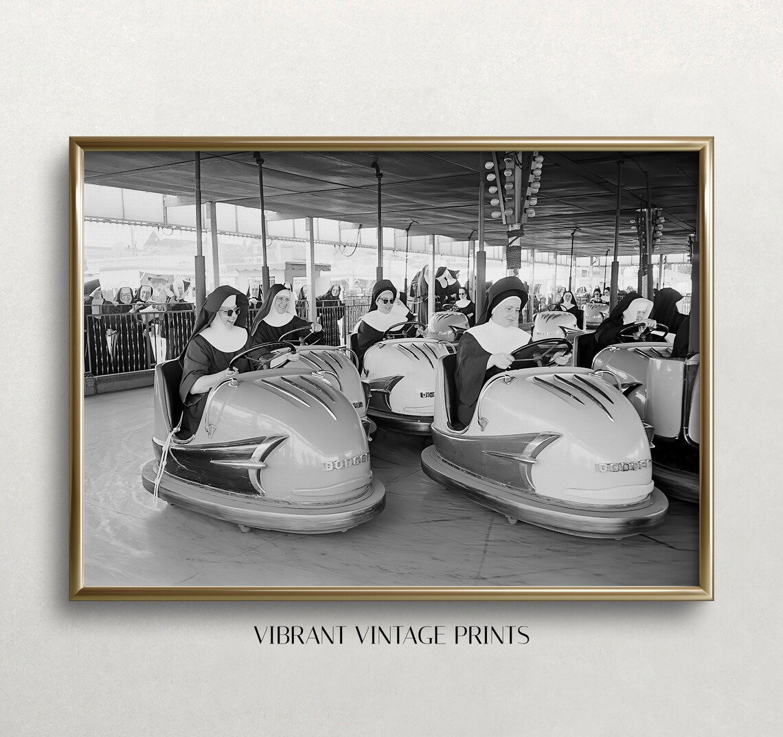 Nuns in Bumper Cars, Vintage Black and White Poster