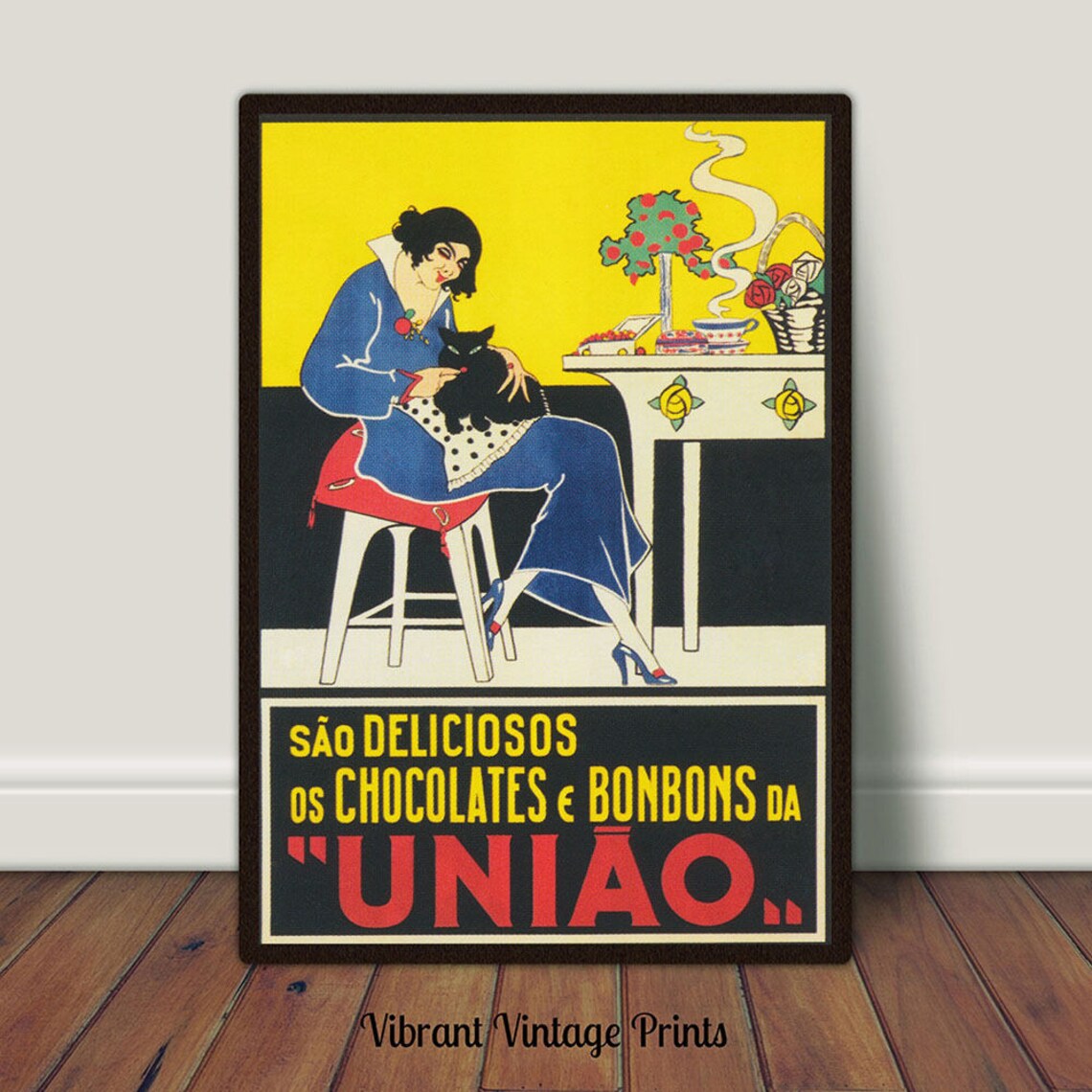 Uniao Chocolates Vintage Art Deco Lady Black Cat Brazilian Ad Poster