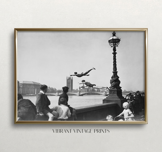 River Thames Swimming, Vintage Black-And-White Art Print
