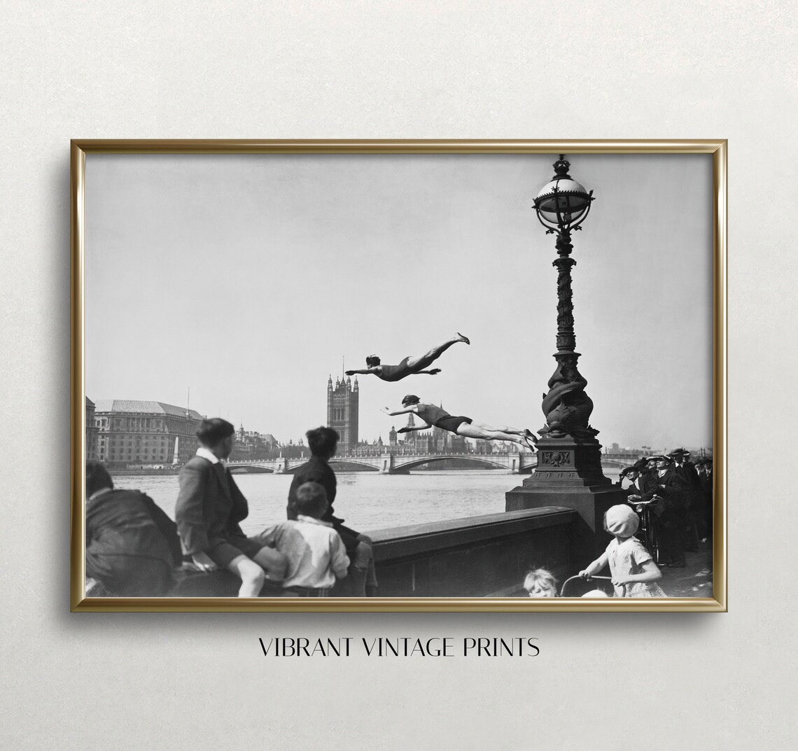 River Thames Swimming, Vintage Black-And-White Art Print