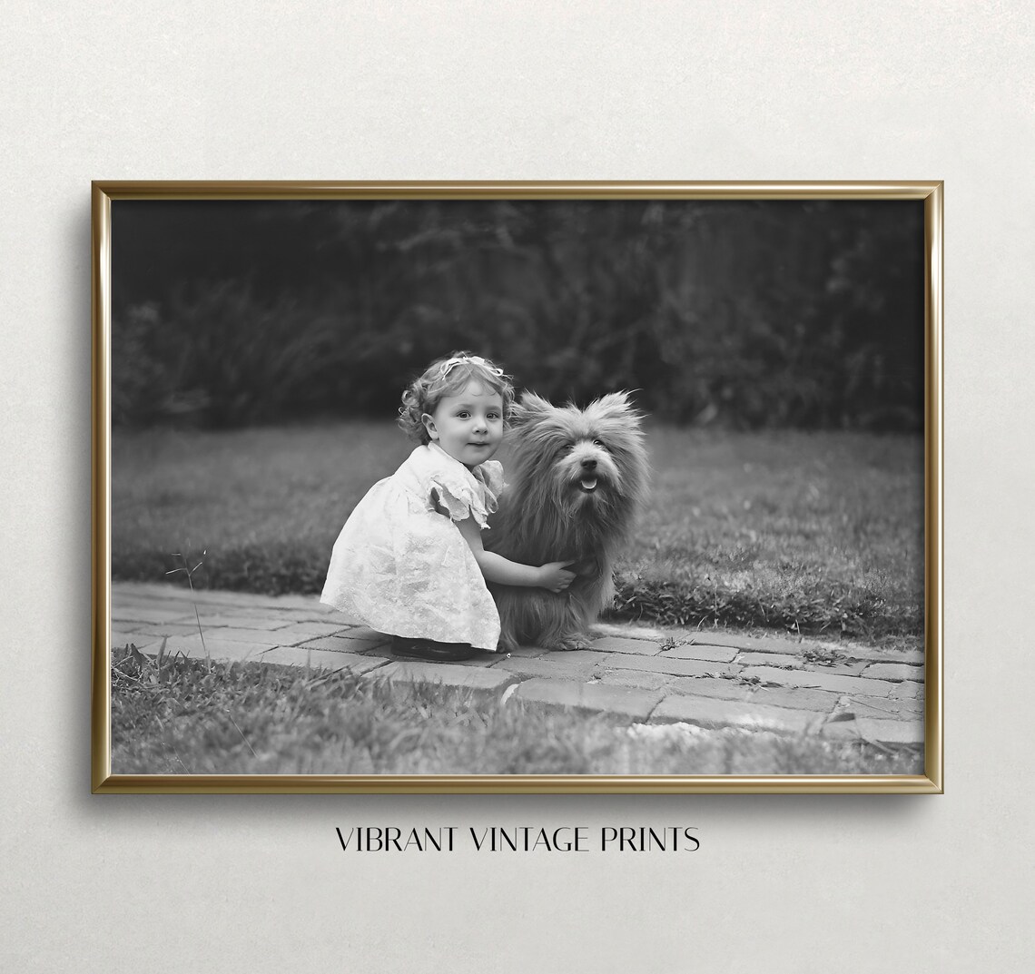 Little Girl and Scottish Terrier, Vintage Art Print