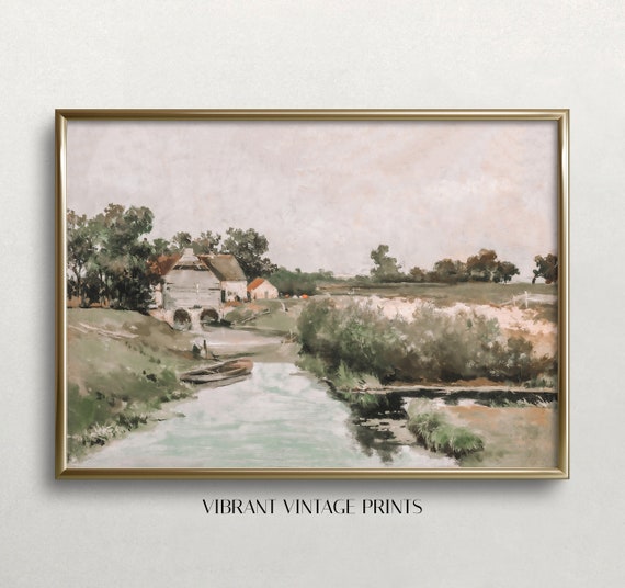 Farmhouse Landscape Painting Muted Neutral Landscape Vintage Wall Art Antique Wall Decor Wall Art 436