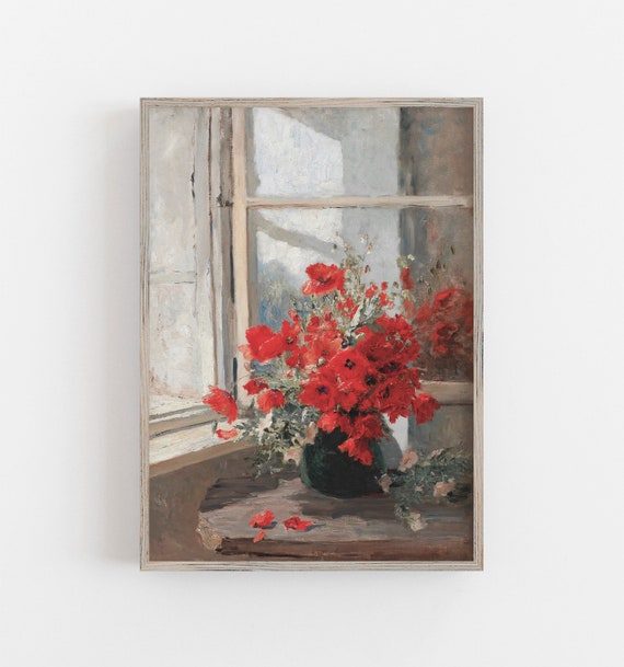Red Poppies Vintage Botanical Art Print, Modern Farmhouse