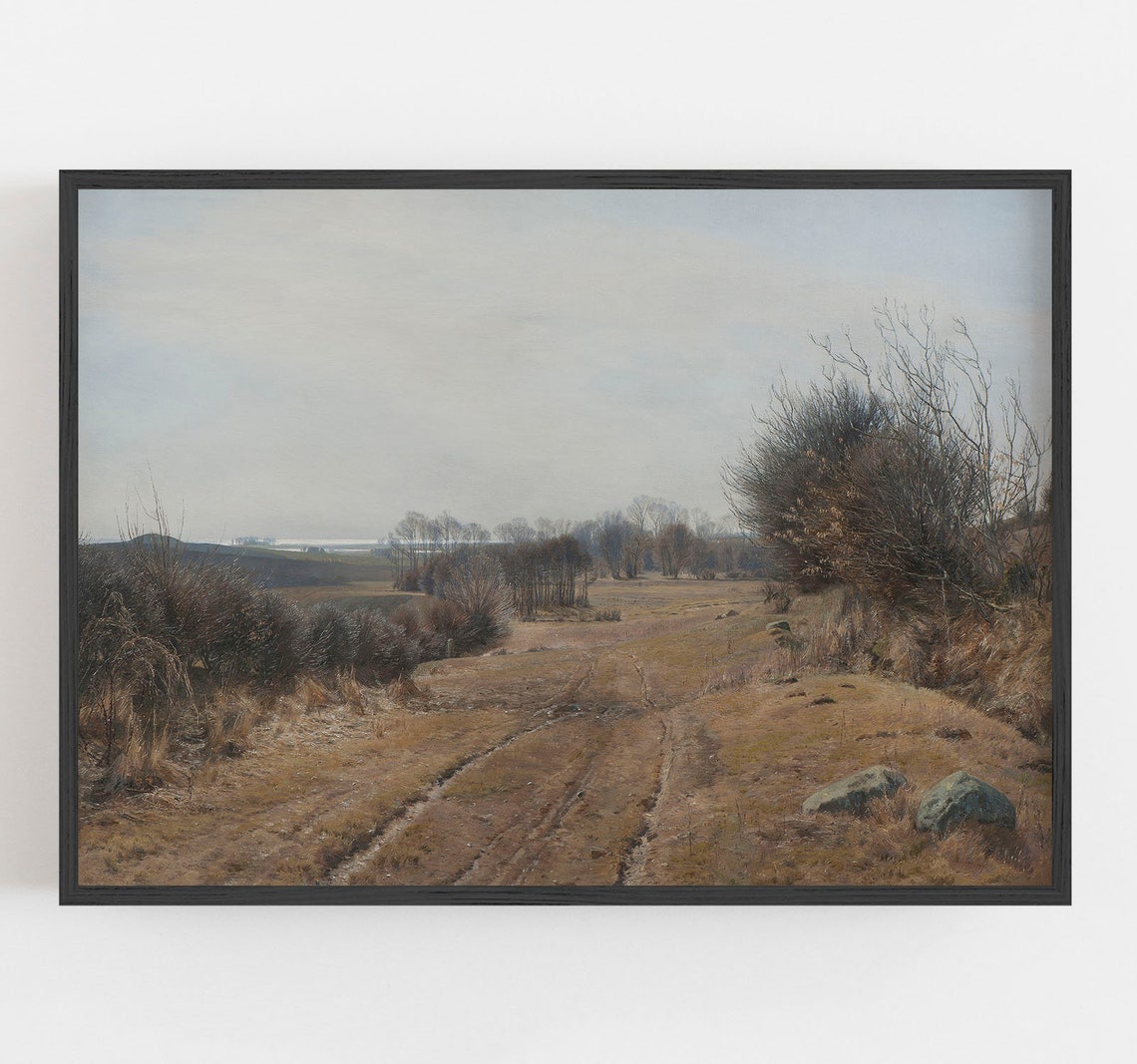 Quiet Dirt Road Through Brown Fields Vintage Landscape Painting Poster - Image 2