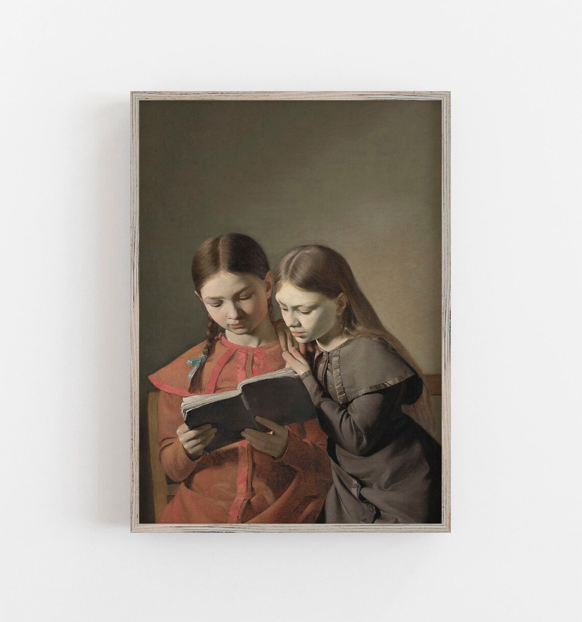 Vintage Portrait of Girls Reading, Antique Art Print