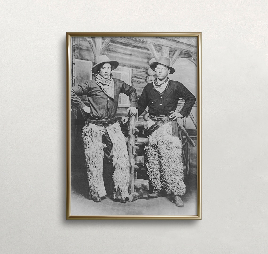 Two Cowboys Chaps Bandanas Vintage Black White Western Portrait Print