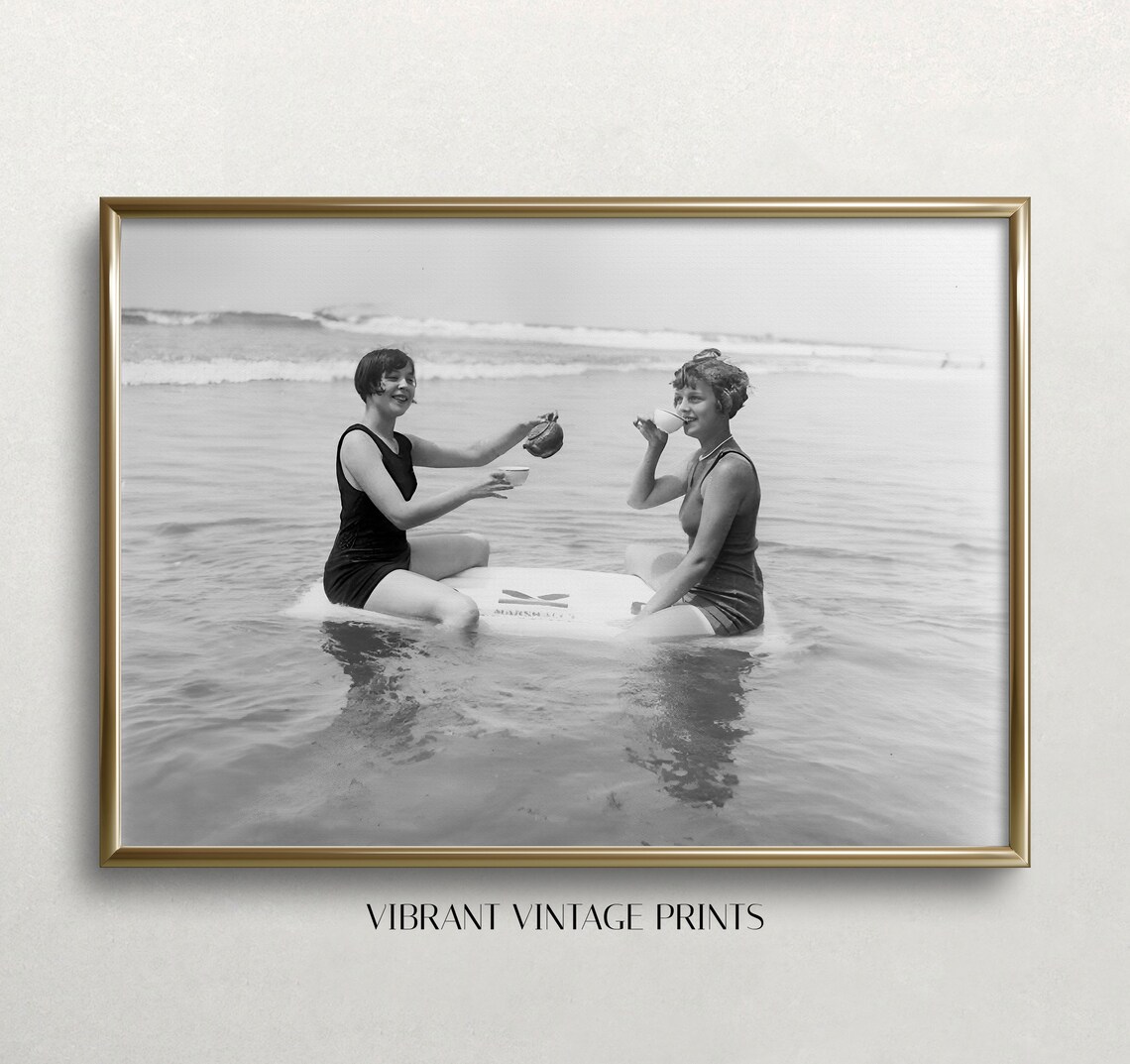 Women Having Tea Party on Raft at Beach Funny Vintage Photo Wall Art