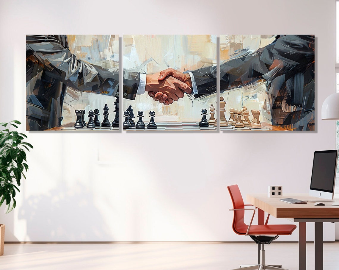 Business Deal Handshake Chess Triptych Painting Modern Office Poster