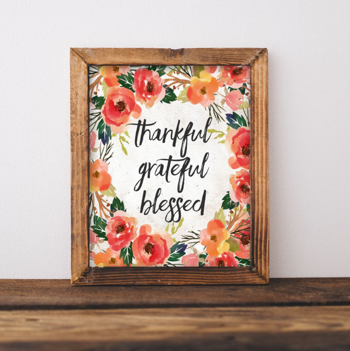 Thankful Grateful Blessed Fall Floral Art Print