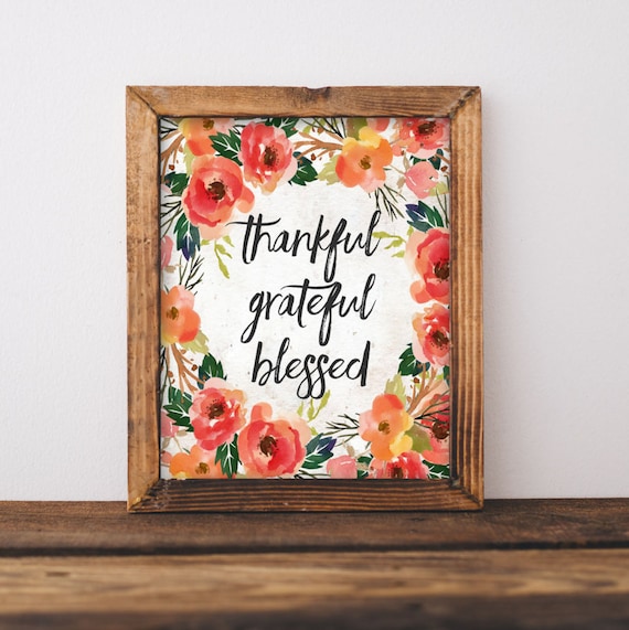 Thankful Grateful Blessed Fall Floral Art Print