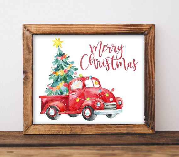 Merry Christmas Country Farm Red Truck Watercolor Art Print