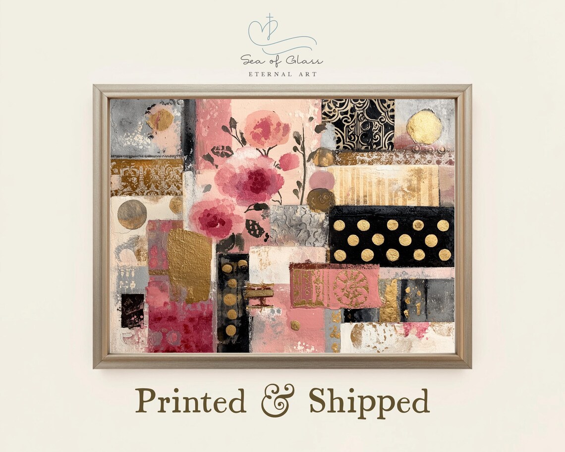 Blush Pink Floral Abstract Mixed Media Collage Gold Leaf Art Print Decor