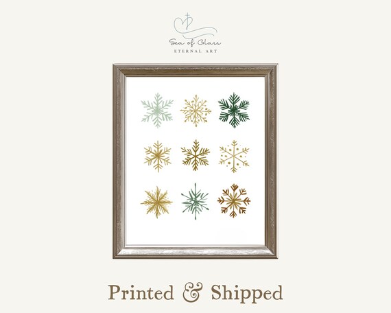 Minimalist Green And Gold Snowflakes Modern Christmas Art Poster