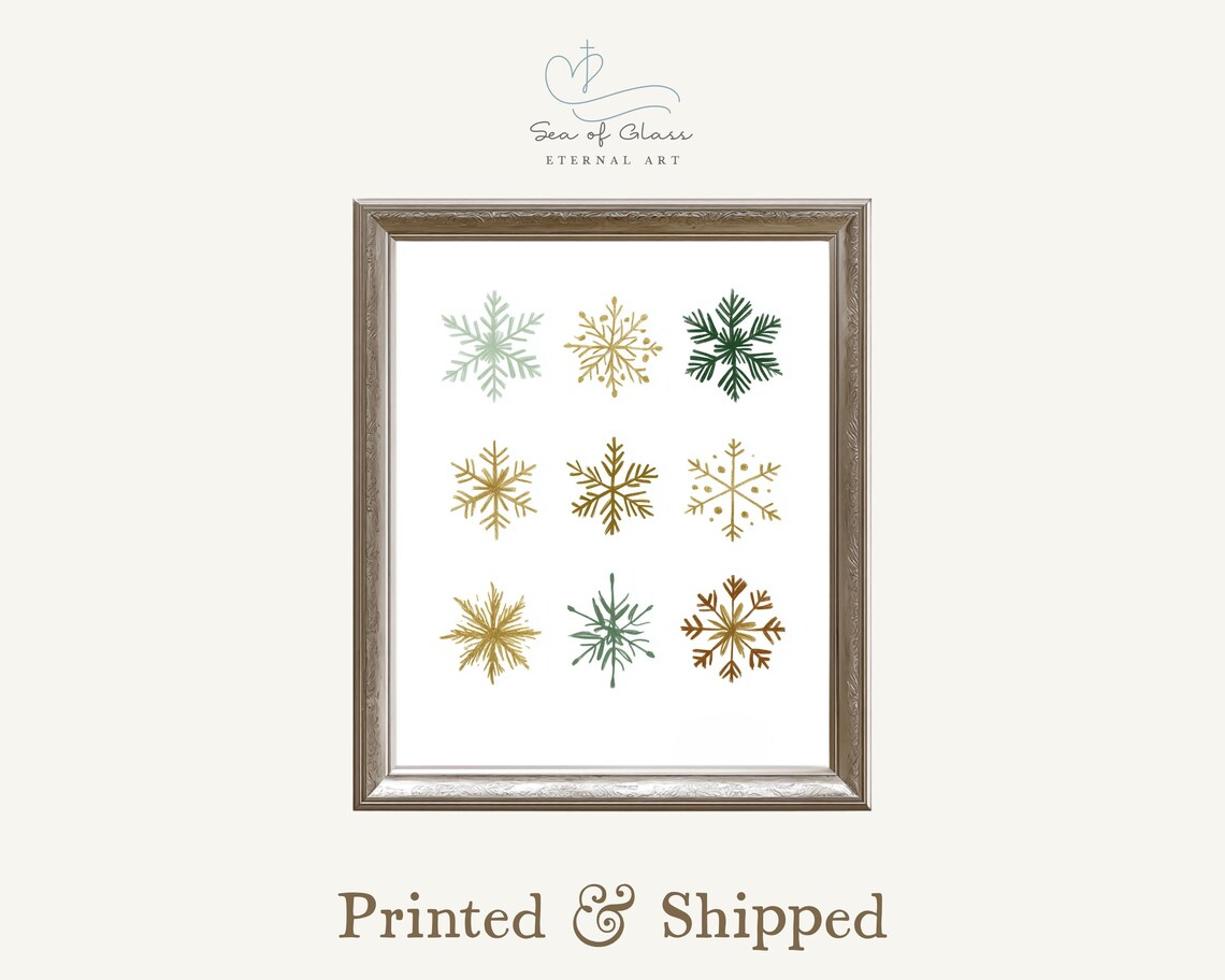 Minimalist Green And Gold Snowflakes Modern Christmas Art Poster