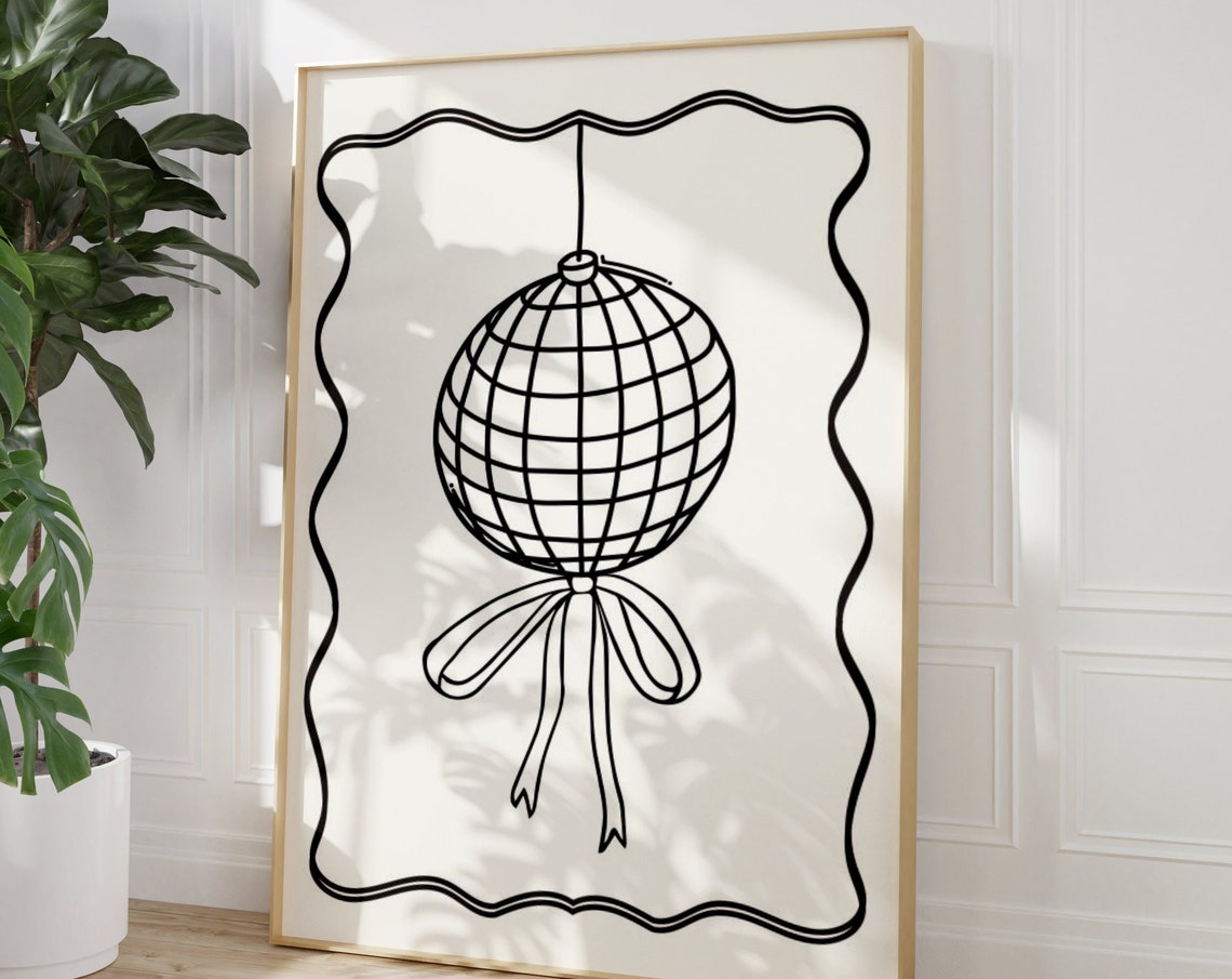 Black Disco Ball Bow Fine Line Drawing Trendy Minimalist Wall Art - Image 4