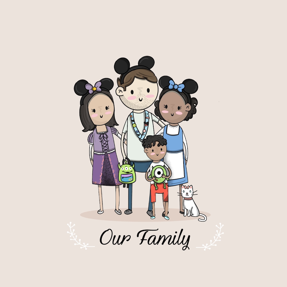 Custom Cartoon Family of Four Portrait Cream Background Poster - Image 3