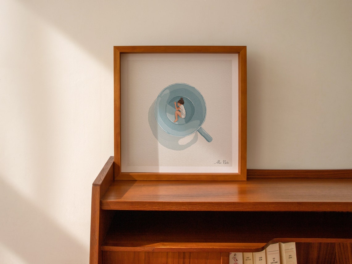 Dreamy Woman Sleeping Inside a Giant Blue Coffee Mug Wall Poster - Image 2