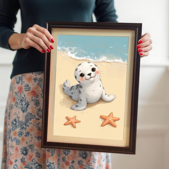 Seal Pup Coastal Nursery Decor, Wall Art Print