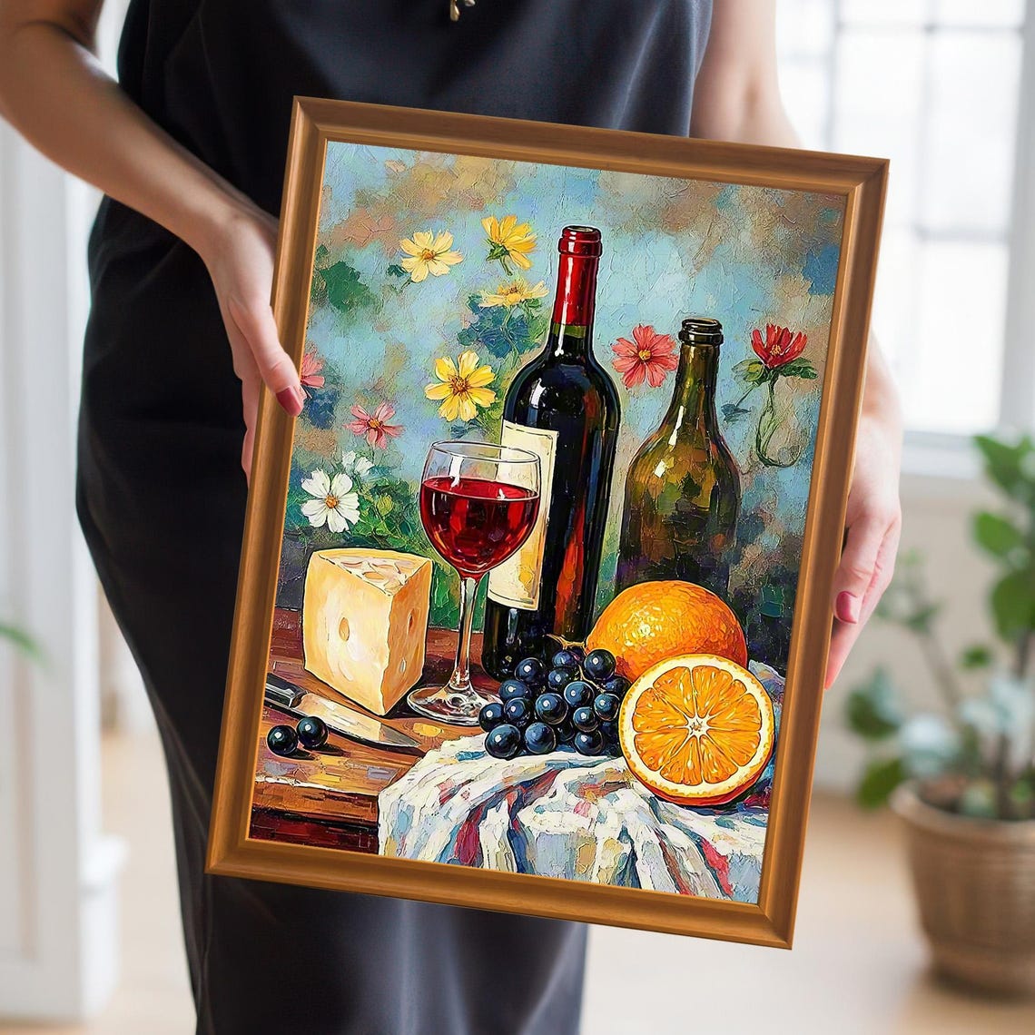 Red Wine And Cheese Still Life With Grapes And Orange Fruit Poster