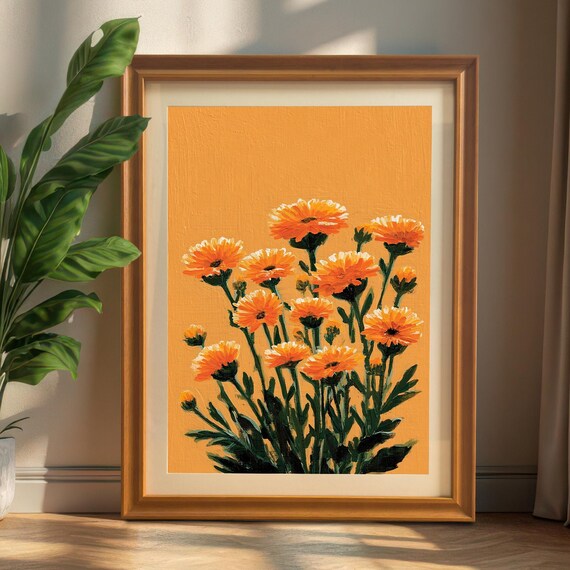 Bright Orange Calendula Flowers Oil Painting On Warm Amber Poster