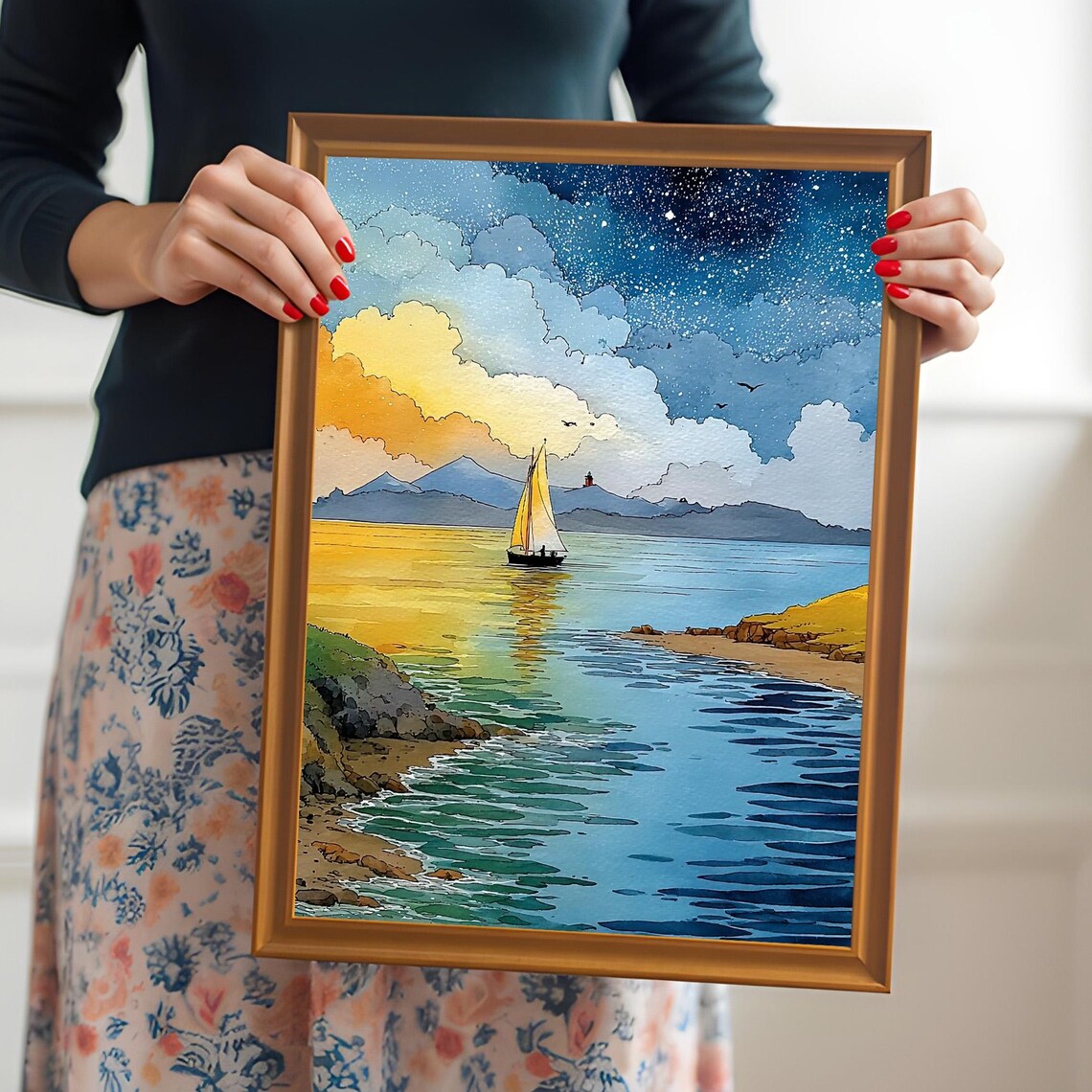 Celestial Nautical Sailboat Watercolor Art Print