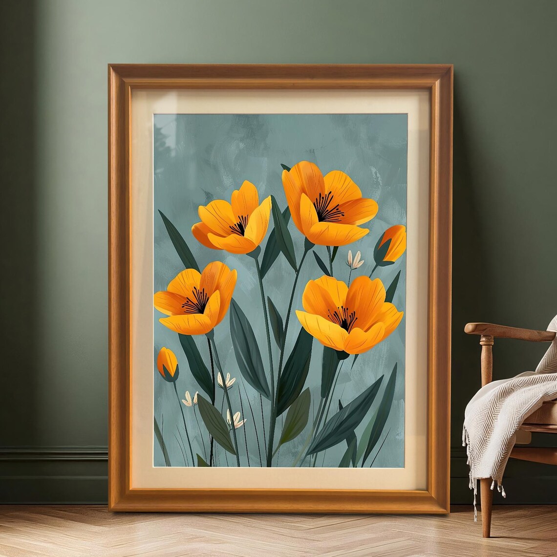 Modern Orange Flowers Art Print, Floral Wall Decor