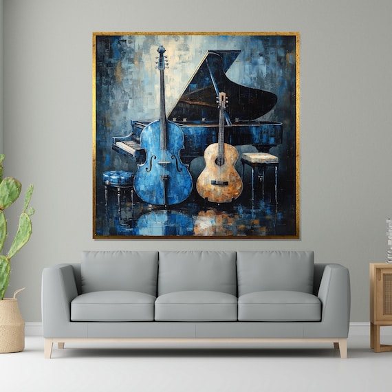 Musical Harmony Blue Cello, Acoustic Guitar, Piano Art Print