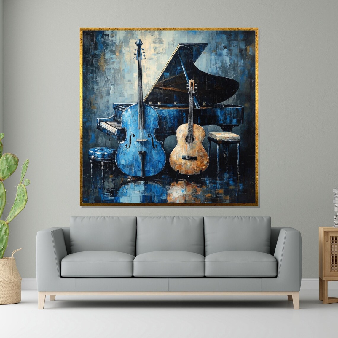 Musical Harmony Blue Cello, Acoustic Guitar, Piano Art Print