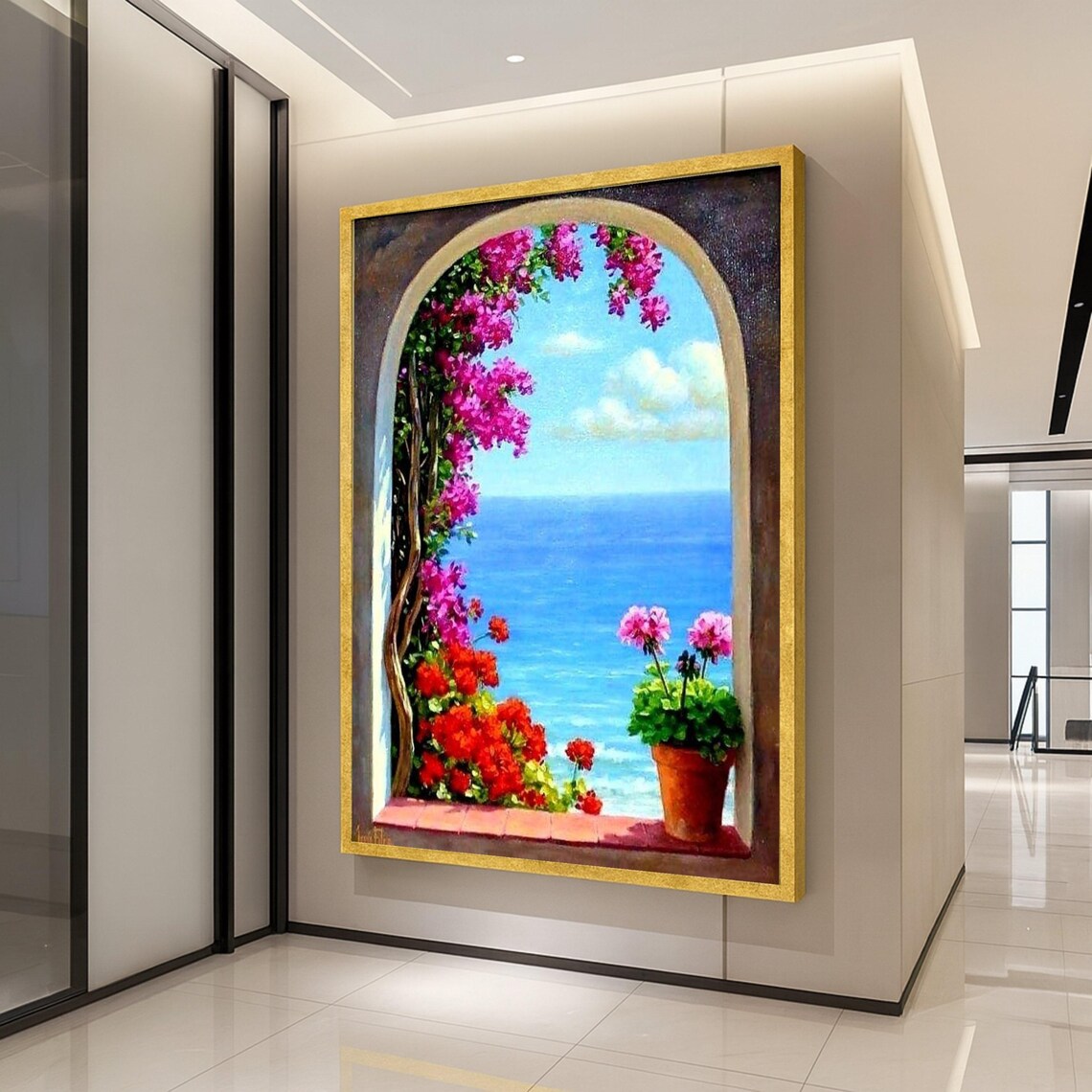 Mediterranean Window View Poster Print, Seaside Decor