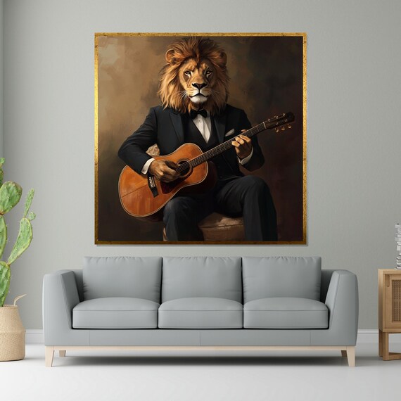 Lion in Tuxedo Playing Guitar Funny Whimsical Animal Portrait Poster