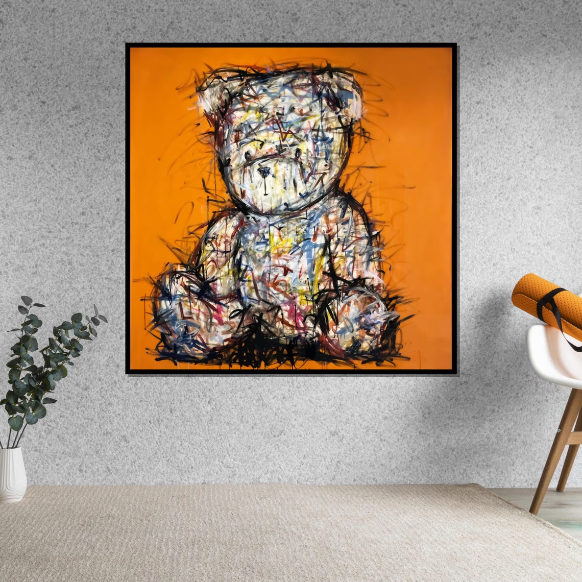 Scribble Teddy Bear Orange Background Playful Abstract Art Poster - Image 5
