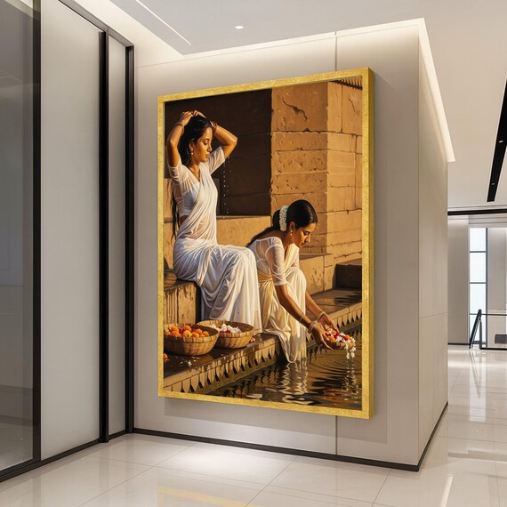 Women in White Sarees Spiritual Water Ritual Traditional Indian Poster