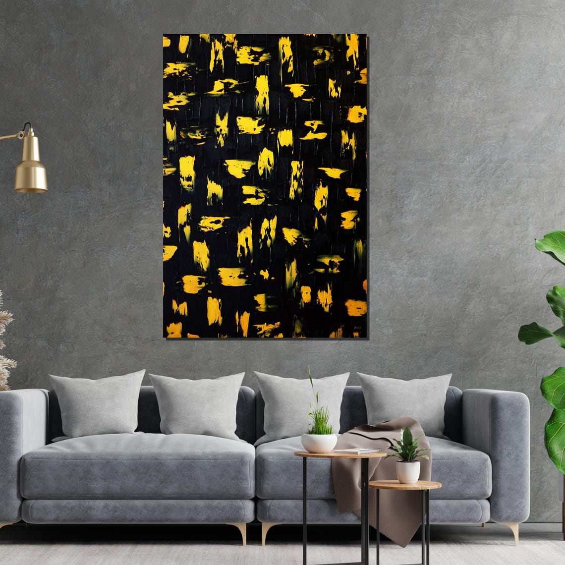 Bold Yellow Strokes Black Background Abstract Expressionist Print - Image 2