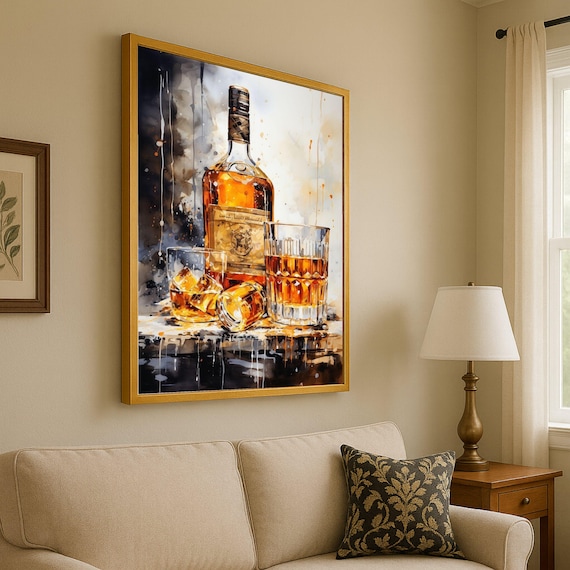Whiskey Bottle And Glasses Canvas Style Poster Vintage Bar Lounge Decor Art