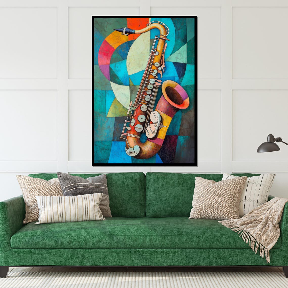 Colorful Cubist Saxophone Teal Gold Geometric Bold Modern Jazz Poster - Image 5