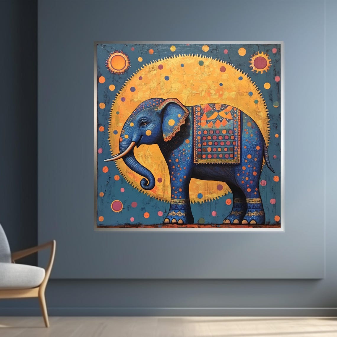 Blue Decorative Elephant Gold Sun Folk Art Vibrant Animal Poster - Image 4