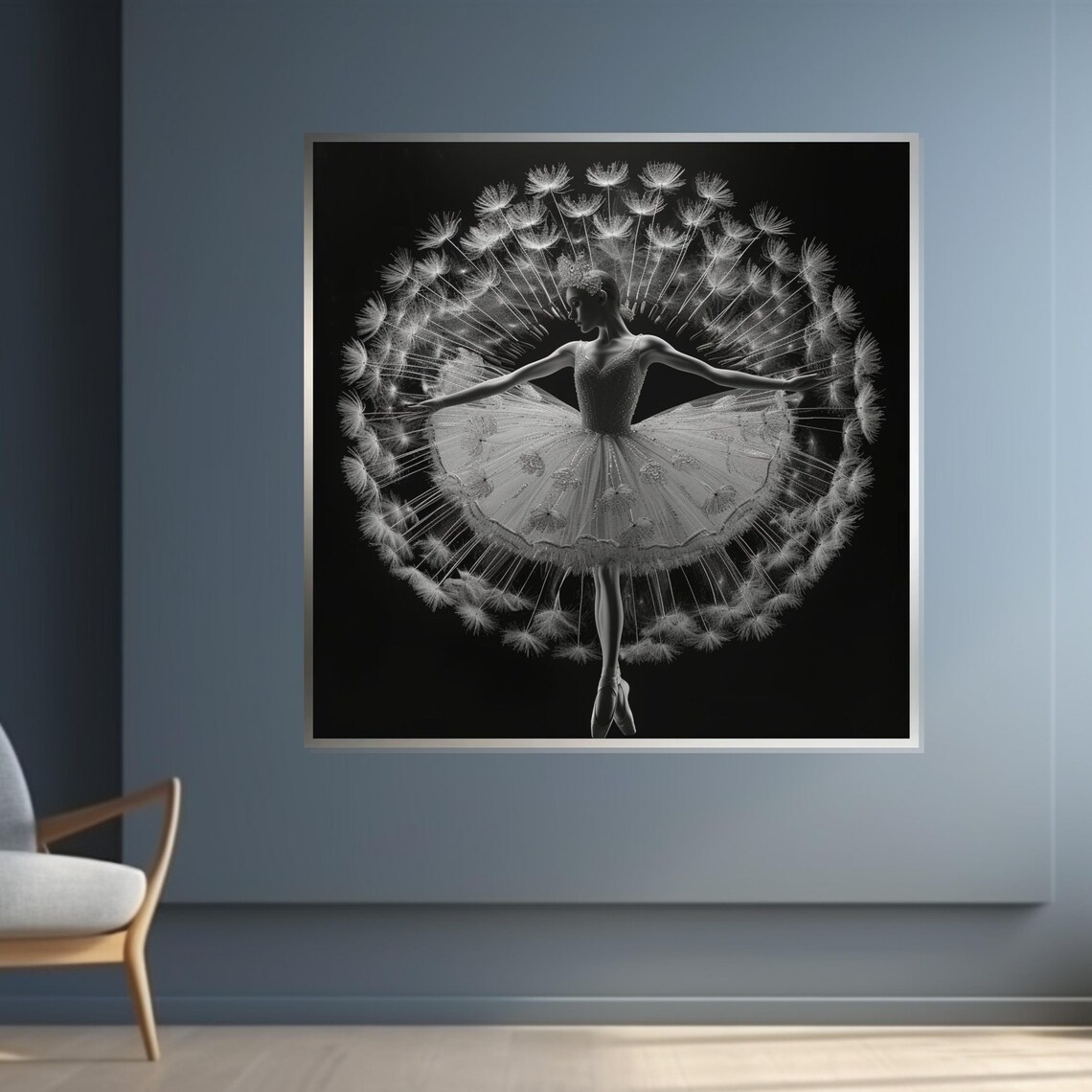 Ballerina Inside Dandelion Seed Head Black and White Art Poster - Image 4