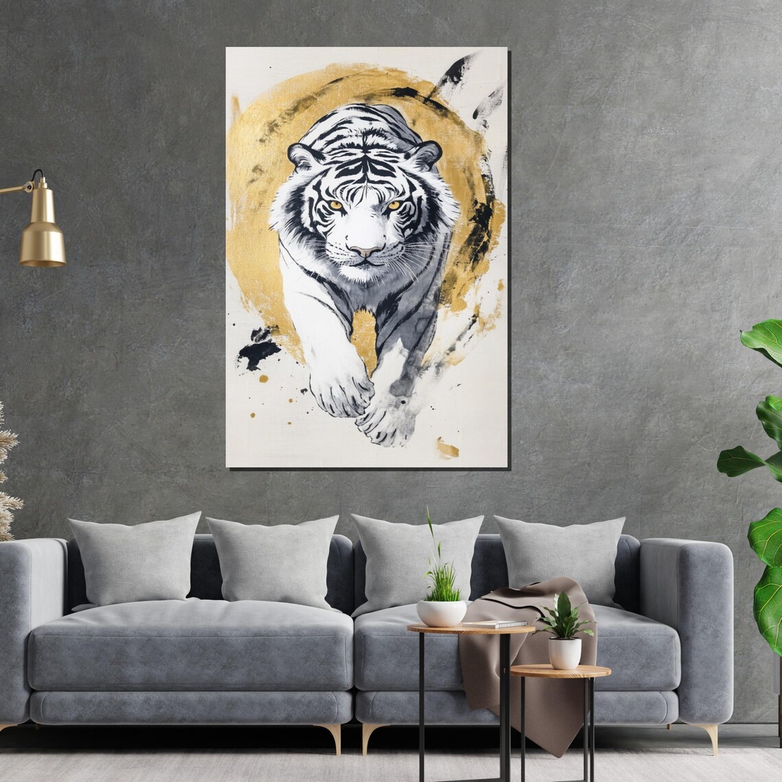 White Tiger Ink Wash Artwork Golden Circle Modern Wildlife Art Poster - Image 2